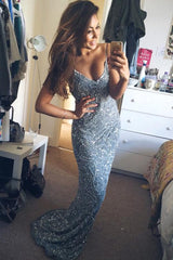 Mermaid Spaghetti Strap Long Prom Dress Sequins Backless Evening Gowns