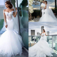 Mermaid Tulle Elegant Appliques Off-the-Shoulder Long-Sleeves Wedding Dress BA4387