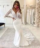 Mermaid V-neck Lace Appliques Bridal Dresses | Long Sleeves Sexy Wedding Dresses