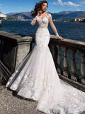 Mermaid Wedding Dress Bateau Lace Tulle Lace Over Satin Long Sleeves Bridal Gowns Sexy See-Through Backless with Court Train