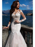 Mermaid Wedding Dress Bateau Lace Tulle Lace Over Satin Long Sleeves Bridal Gowns Sexy See-Through Backless with Court Train