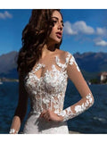 Mermaid Wedding Dress Bateau Lace Tulle Lace Over Satin Long Sleeves Bridal Gowns Sexy See-Through Backless with Court Train