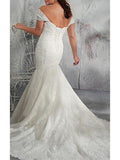 Mermaid Wedding Dress Off Shoulder Chiffon Lace Cap Sleeve Bridal Gowns with Court Train