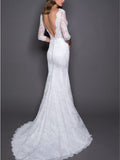 Mermaid Wedding Dress V-Neck Lace Satin 3/4 Length Sleeves Plus Size Bridal Gowns with Sweep Train