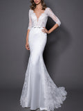 Mermaid Wedding Dress V-Neck Lace Satin 3/4 Length Sleeves Plus Size Bridal Gowns with Sweep Train