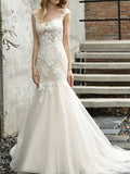 Mermaid Wedding Dress V-neck Lace Tulle Sleeveless Bridal Gowns Formal Illusion Detail with Sweep Train