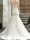 Mermaid Wedding Dress V-neck Lace Tulle Sleeveless Bridal Gowns Formal Illusion Detail with Sweep Train