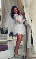 Mini Long Sleeve Lace Wedding Dresses Scoop A-Line Sexy Bridal Gowns