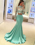 Mint Long Sleeves Mermaid Long Two Piece High Neck Prom Dresses AN0