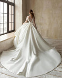 Modern High-Neck Satin Tulle Lace Long Sleeves Wedding Dress with Bow On Sale