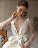 Modern High-Neck Satin Tulle Lace Long Sleeves Wedding Dress with Bow On Sale