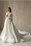 Modern High-Neck Satin Tulle Lace Long Sleeves Wedding Dress with Bow On Sale