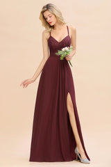 Modern Lace Spaghetti Straps Bridesmaid Dresses Sleeveless With Side Slit