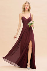 Modern Lace Spaghetti Straps Bridesmaid Dresses Sleeveless With Side Slit