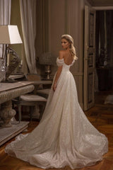 Modern Long A-line Off-the-shoulder Glitter Sleeveless Bridal Gowns