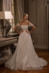 Modern Long A-line Off-the-shoulder Glitter Sleeveless Bridal Gowns