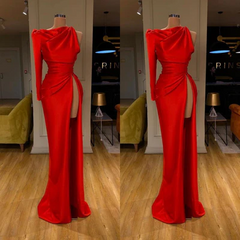 Modern Long Red Mermaid Split Prom Dress With Long Sleeve