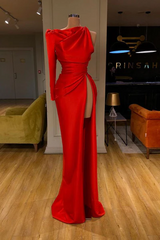 Modern Long Red Mermaid Split Prom Dress With Long Sleeve