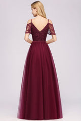 Modern Off the Shoulder Burgundy Aline Bridesmaid Dress Long Tulle