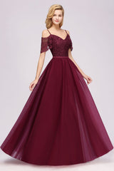 Modern Off the Shoulder Burgundy Aline Bridesmaid Dress Long Tulle