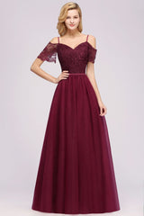 Modern Off the Shoulder Burgundy Aline Bridesmaid Dress Long Tulle