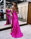 Modern Spaghetti Strap Sleeveless Mermaid Satin Prom Dresses with Ruffles