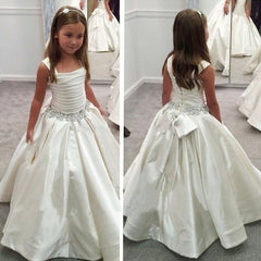 Modest A-Line White Children Dresses Sleeveless Beading Flower Girl Gowns with Bowknot