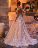 Modest Aline Wedding Dress Cap Sleeves Floral Tulle Lace Floor Length Bridal Dress