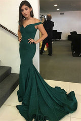 Modest Mermaid Off-the-Shoulder Sweep Train Prom dresses | Green Sequins V-Neck Prom Gown