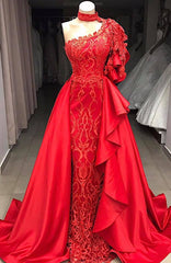 Modest One-Shoulder Halter Overskirt Beading Prom Dresses | Mermaid Long Red Appliques Evening Gown