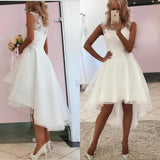 Modest Sleeveless White Lace Tulle Hi-Lo Wedding Dress