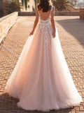 Mordern A-Line Wedding Dresses V-Neck Lace Tulle Straps See-Through Bridal Gowns with Sweep Train