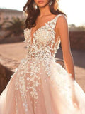 Mordern A-Line Wedding Dresses V-Neck Lace Tulle Straps See-Through Bridal Gowns with Sweep Train