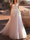 Mordern A-Line Wedding Dresses V-Neck Lace Tulle Straps See-Through Bridal Gowns with Sweep Train