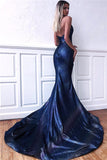 Navy-Blue Mermaid V-neck Sweep-Train Backless Sexy Evening Dresses