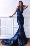 Navy-Blue Mermaid V-neck Sweep-Train Backless Sexy Evening Dresses