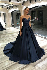 Navy Long A-line Prom Dresses with Lace