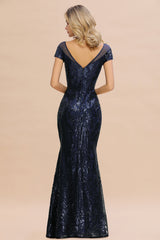 Navy Short Sleeve Sequins Prom Dress | Mermaid Long Evening Gowns