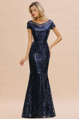 Navy Short Sleeve Sequins Prom Dress | Mermaid Long Evening Gowns