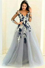 Navy and White Appliques Long Sleeve Formal Dresses Lace Popular Sheer V-neck Prom Dresses