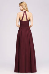 New Arrival Appliques Halter Sleeveless Long Bridesmaid Dresses with Ruffles Elegant Chiffon Evening Maxi Dress