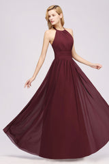 New Arrival Appliques Halter Sleeveless Long Bridesmaid Dresses with Ruffles Elegant Chiffon Evening Maxi Dress