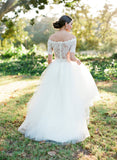 New Arrival Bateau Short Sleeve Lace Wedding Dresses A-Line Tulle Plus Size Bridal Gown