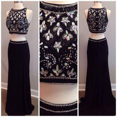 New Arrival Black Two Piece Beading Prom Dress Elegant Floor Length Evening Gown