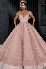 New Arrival Cap Sleeves V-Neck Ball Gown Evening Gown Appliques Long Prom Dresse