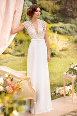 New Arrival Deep V-Neck Lace Bridal Gown Floor Length Boeknot Wedding Dress