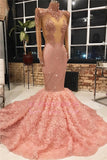 New Arrival High Neck Appliques Party Prom Dresses | Pink Long Sleeves Mermaid Flowers Evening Dresses