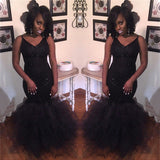 New Arrival Mermaid V-Neck Black Prom Dresses Sequins Sleeveless Evening Gowns BA8031