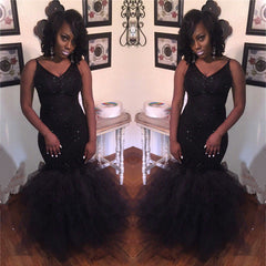 New Arrival Mermaid V-Neck Black Prom Dresses Sequins Sleeveless Evening Gowns BA8031