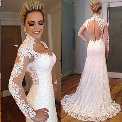 New Arrival Sheath High Collar Lace Wedding Dress Long Sleeve Custom Made Bridal Gown